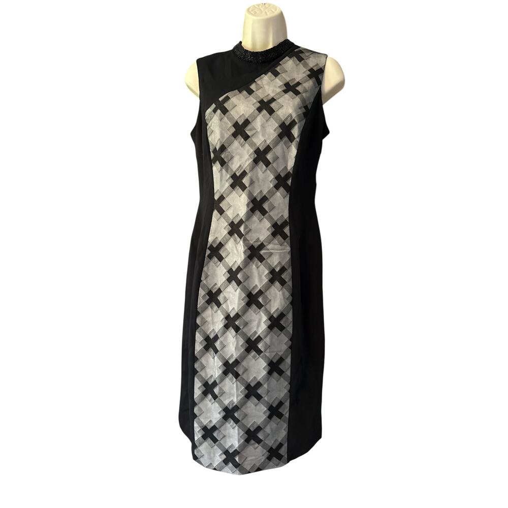 Pamella Roland Beaded Neckline Sheath Dress | Black Silver Geometric | Sz 6 NWT